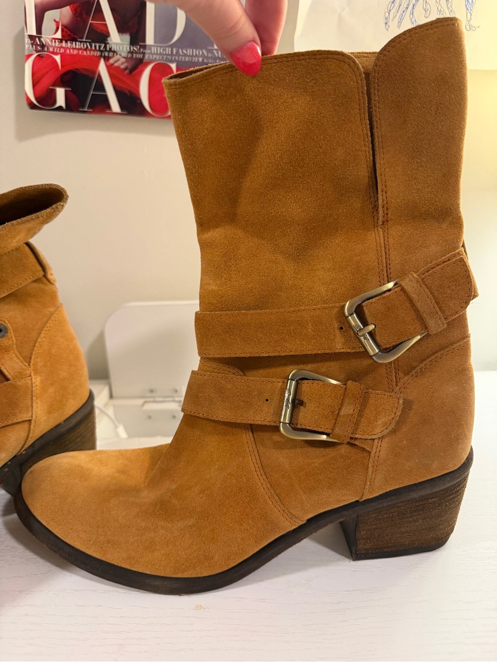 Donald Pliner Suede Buckle Mid-Calf Boots - Tan